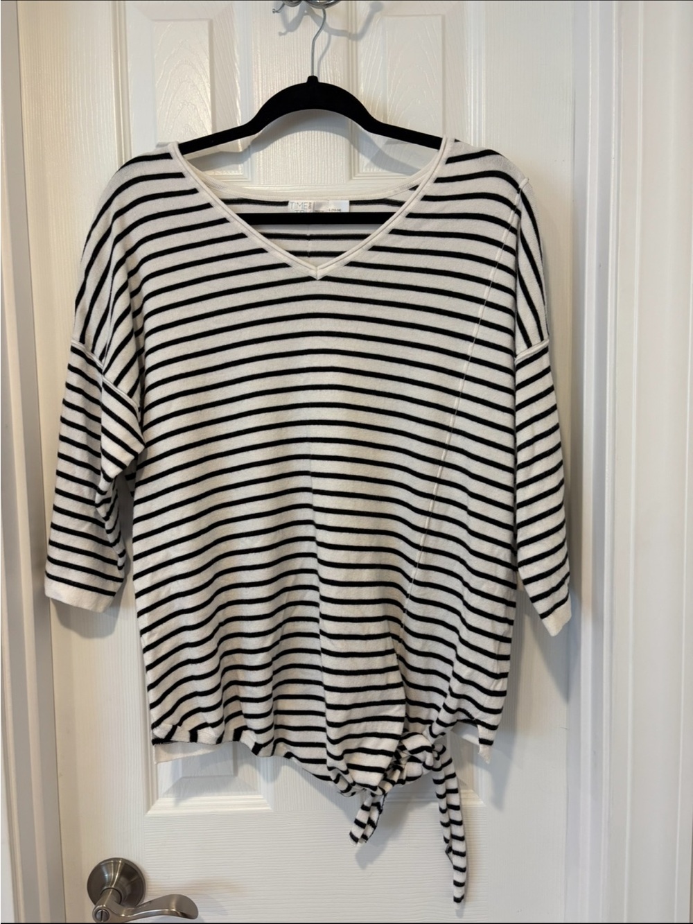 Black and White Striped V-Neck Tie-Hem Top
